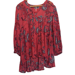 Free People Oversized Paisley Tunic Mini Dress Size XS Crochet Boho Hippie Hi-Lo